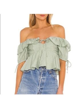 Tularosa Sage Green Off-Shoulder Ruffle Peplum Crop Top